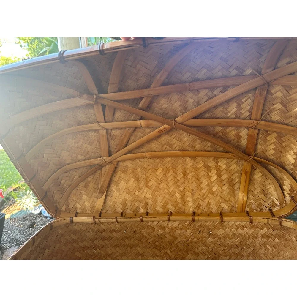 Vintage Woven Bamboo Picnic Basket Domed Lid Trunk Storage Hamper Boho Decor